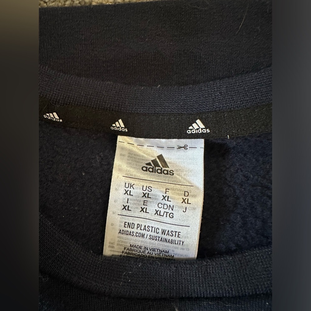 Adidas Sweatshirt Mens Navy Three Stripe Logo Pullover Soft Stretchy - Picture 5 of 6